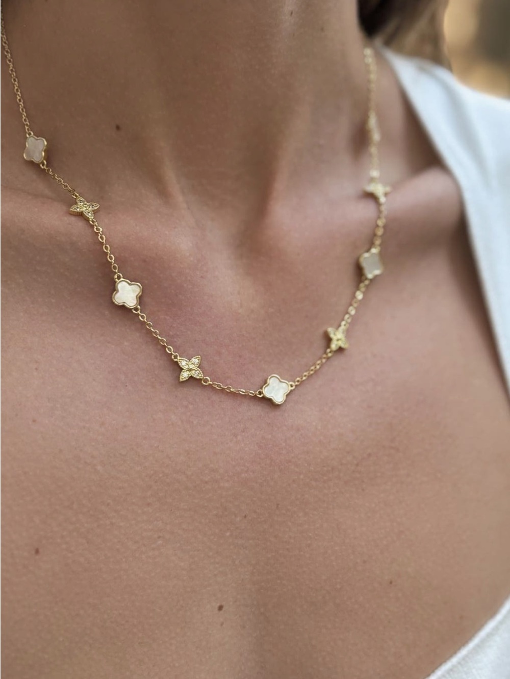 Mixed Mother-of-Pearl & Cubic Zirconia Clover Station Necklace 14K Gold Plated🤍✨